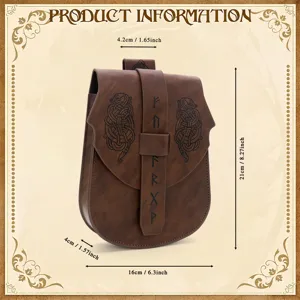 Medieval vintage embossed leather waist bag, Viking cosplay accessory with rune details.