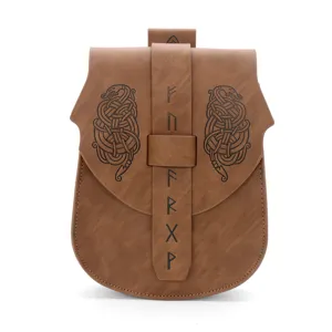 Medieval vintage leather waist bag with viking embossed rune design for halloween cosplay costume.