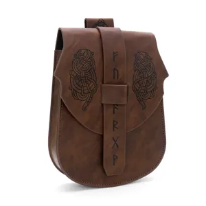 Medieval Viking retro leather waist bag with embossed dragon and runic patterns for cosplay.
