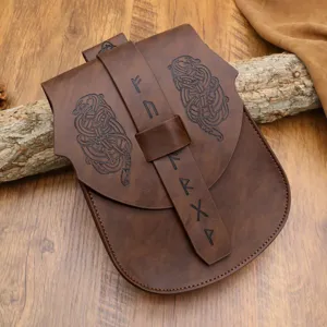 Medieval embossed square bag Viking retro leather waist bag for Halloween cosplay props.