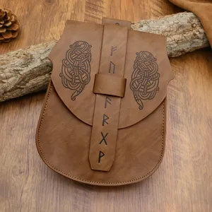 Medieval vintage leather pouch viking cosplay waist bag with embossed runes and Norse art.
