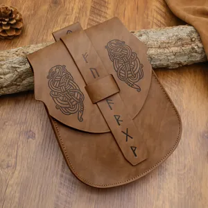 Medieval vintage PU leather waist bag with Viking runes embossing, perfect for cosplay events.