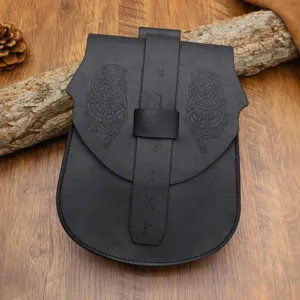 Medieval embossed leather bag Viking retro waist pouch cosplay costume accessory black