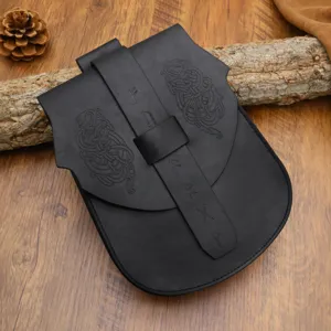 Medieval embossed leather pouch detail, retro Viking waist bag for cosplay and props.
