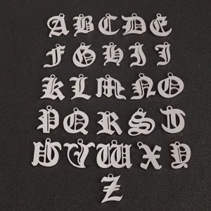 Stainless steel gothic alphabet letter pendants detail view, polished DIY jewelry accessories.