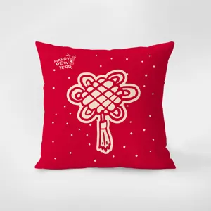 Rotes Neujahrs Kissen mit chinesischem Knotenmuster, festliches Sofakissen fuer Bettdekoration.