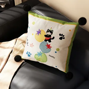 Cartoon cat throw pillow with four pom poms for living room sofa bedroom home decor cushion cover.