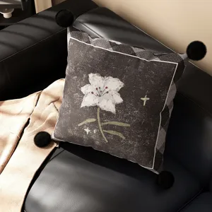 Decorative throw pillow square cushion with pom poms and floral print for sofa home decor