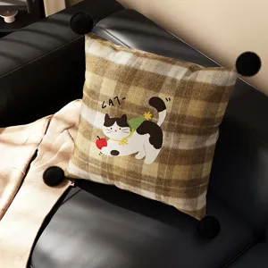 British style cartoon animal throw pillow with cat pattern and plush balls for sofa decor