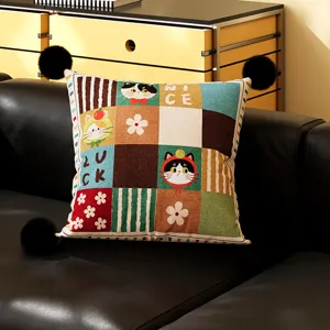 British retro cartoon cute cat pillow case sofa cushion with black pom poms for living room