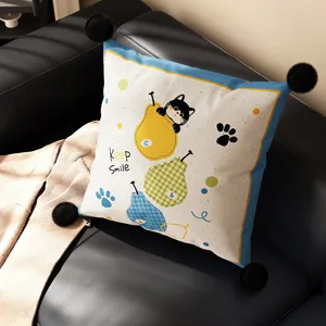 Decorative throw pillow with cute cat and pear pattern, fluffy pom poms, soft sofa cushion.