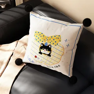 Cute black cat cartoon decorative throw pillow with black pom poms for living room sofa bedroom.