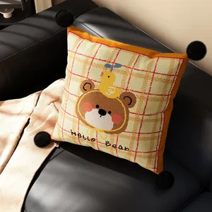 British style cartoon animal throw pillow, cute bear cushion with pom poms for sofa decor