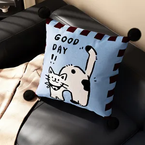 British style cartoon animal throw pillow cover with cute cat print and pom-pom decor.