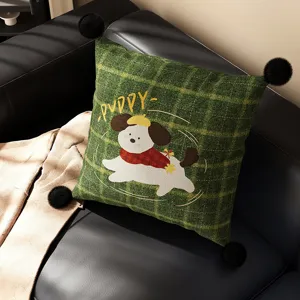 British style green plaid throw pillow with cute cartoon puppy print and pom poms for sofa.
