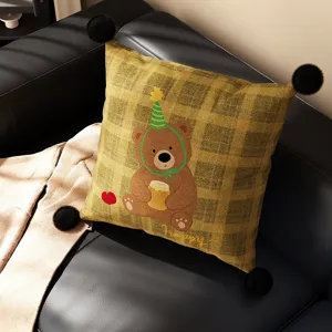 British style plaid cartoon bear throw pillow with black pompoms for sofa decor.