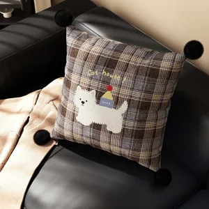 British style plaid throw pillow with cute cartoon dog embroidery and corner pom-poms for sofa.