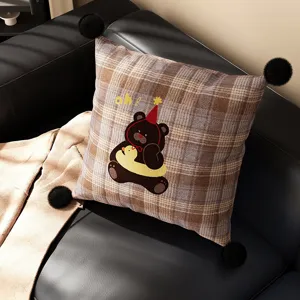 Plaid throw pillow with cute cartoon bear and pom poms for living room sofa and bed decor