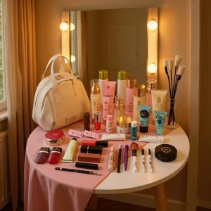Large capacity beige shell cosmetic bag, portable travel makeup organizer and storage pouch.