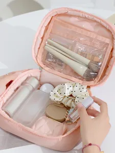 Pink puff cosmetic bag with large capacity, soft portable travel makeup organizer case.