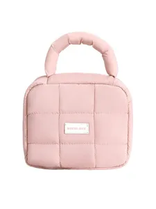 Pink Quilted Cosmetic Bag Puffer Handbag Travel Makeup Pouch Soft Storage Bag Front View