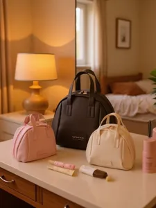 Large capacity dome cosmetic bag, portable travel toiletry and makeup organizer handbag.