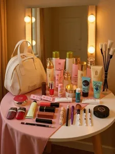 Large capacity beige shell cosmetic bag for travel, portable makeup organizer and storage pouch.