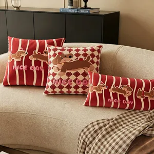Red stripe cartoon puppy decorative throw pillow, cute dachshund sofa cushion for home office car