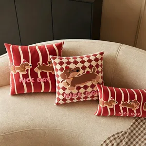 Red striped plaid dachshund cartoon pillow cute soft comfortable sofa cushion car throw pillow