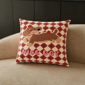 Red plaid dachshund cartoon throw pillow cute sofa cushion cozy home decor pillow cover