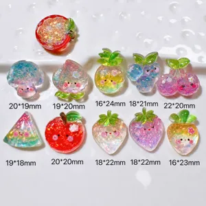 Resin DIY charm size chart showing various cute fruit and mushroom cabochons with dimensions.