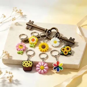 Leuke bloemen siliconen sleutelhangers set, kleurrijke cartoon bloem tas bedels en accessoires.
