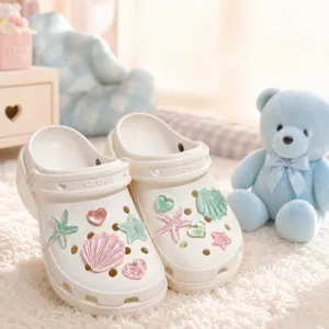 Detailed view of colorful resin shoe charms, starfish and seashell DIY accessories for clogs.