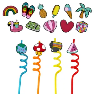 Silicone straw charms and colorful curly straws set for cups and drinkware accessories.