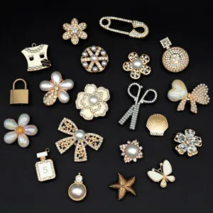 Assorted DIY shoe charms set, luxury pearl rhinestone camellia bow charms for clogs decoration.