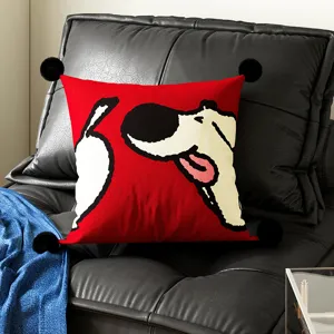 Red cartoon print throw pillow with cute black pom poms for living room sofa decor.