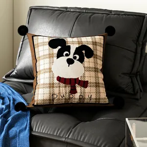 Cartoon cute puppy pattern throw pillow with black pom-poms for living room sofa bedroom decor