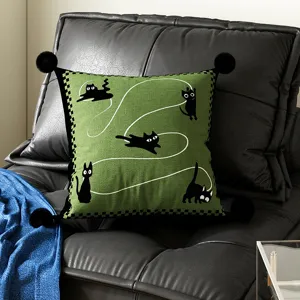 Cartoon cute Bauhaus throw pillow with black cats pattern, soft sofa cushion cover with insert.