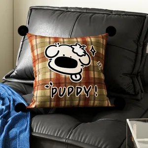 Cute cartoon plaid throw pillow with pom pom details, perfect for sofa and bed living room decor.