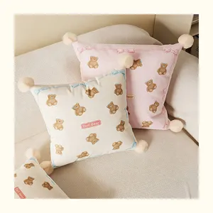 Cream style cute bear throw pillow cover cushion with pom poms for sofa living room bed