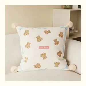Cream style cute bear throw pillow with pom poms, soft sofa cushion cover with core for living room.