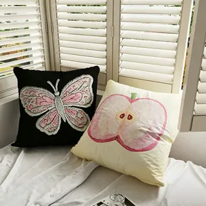 Korean style embroidered throw pillow with cute butterfly and apple design for cozy home sofa decor.