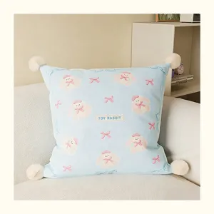 Cute cartoon rabbit throw pillow with pom poms, soft blue aesthetic cushion for sofa bedroom