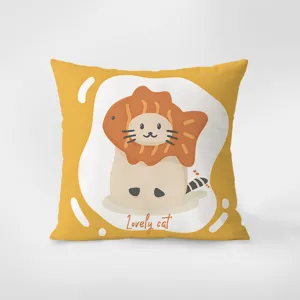 Joli coussin jaune imprimé chat mignon housse de coussin en velours doux pour salon canapé.