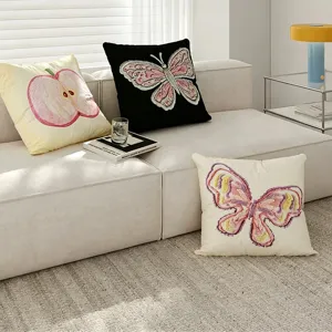 Korean style embroidered butterfly and apple throw pillow, soft and comfortable for sofa and office use.