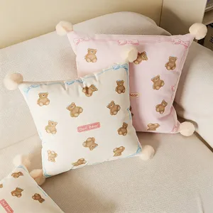 Cute Cartoon Bear Rabbit Throw Pillow Pom-Pom Decorative Cushion Soft Plush Bed Sofa Backrest Pillow Case