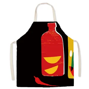 Creative art print kitchen apron with red bottle design for cooking, unisex home and cafe use.