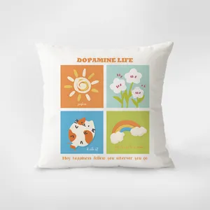 Housse de coussin carrée style nordique avec adorable chat et arc-en-ciel pour le salon