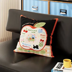 Bauhaus apple cushion with cute black cat pattern, soft detachable sofa pillow for home.
