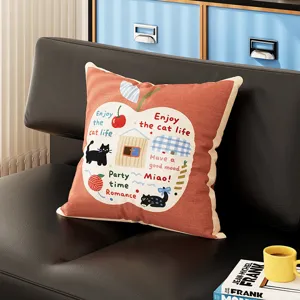 Square cushion cover with cute cat and apple print, comfortable sofa throw pillow detail.